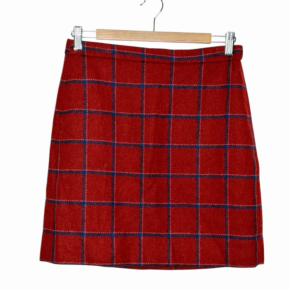 J Crew Moon Wool Skirt Red Plaid Womens Sz 4 Preppy Heritage Old Money Academia